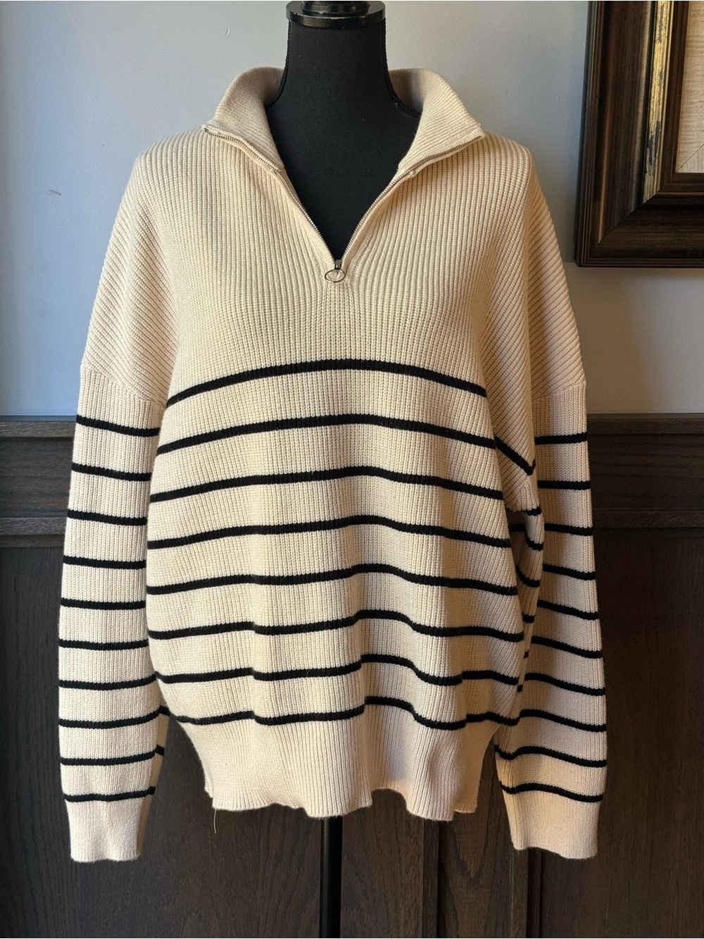 Quarter-Zip Striped Turtleneck Sweater - Cream/Black - Picture 2 of 8